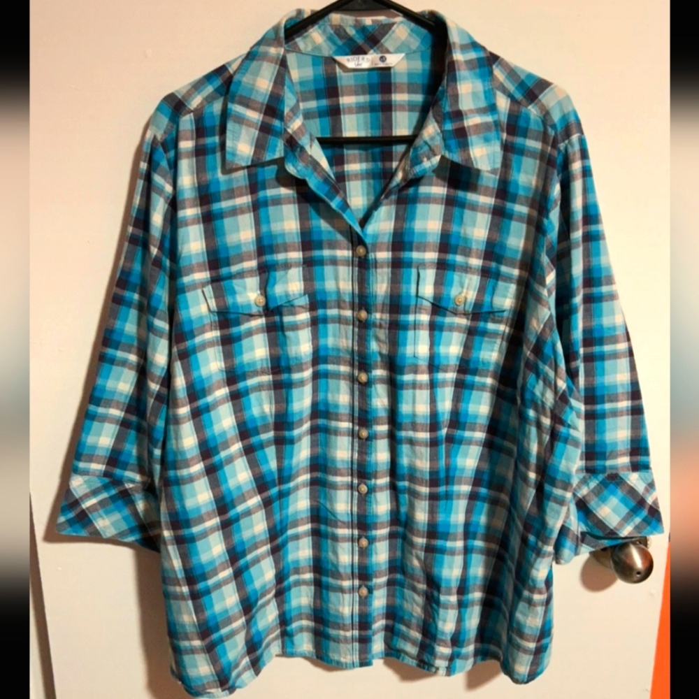 COPY - Ladies Riders by Lee sz 2X Turquoise & Purple Plaid Button Down Top